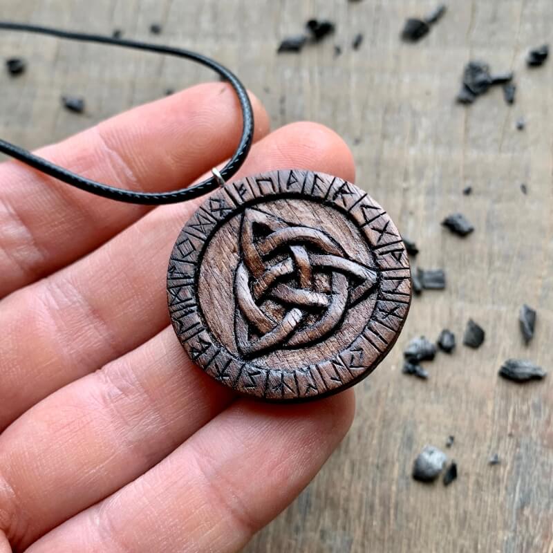 Unique Walnut Wood Runes Triquetra Pendant, Handmade