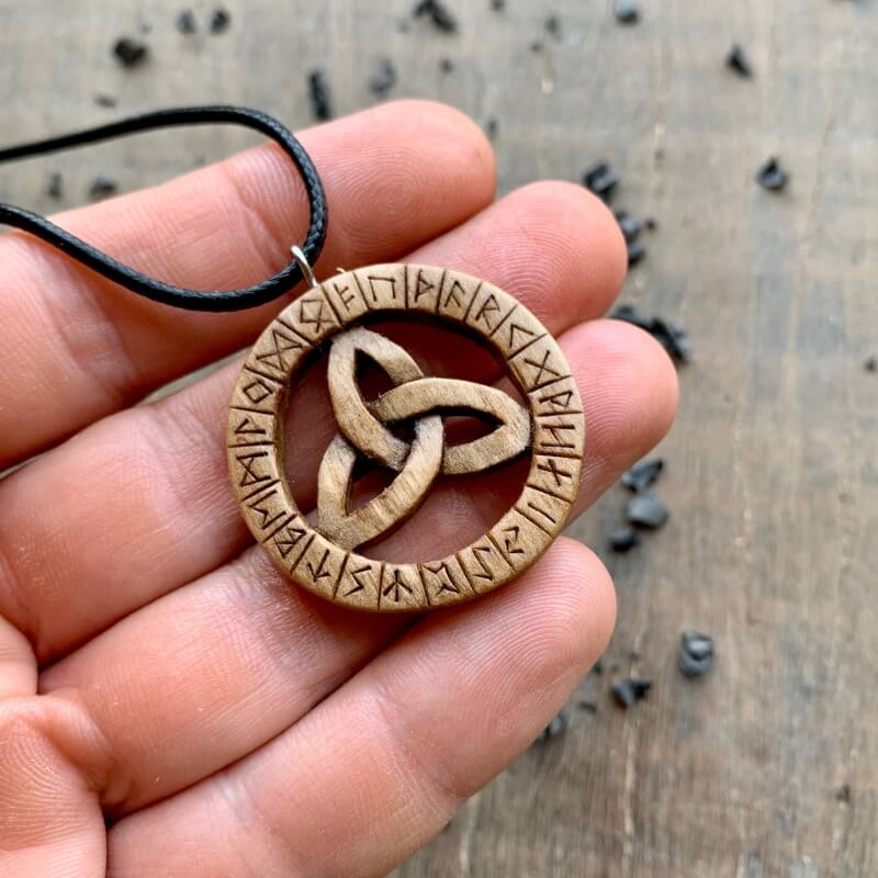 Unique Walnut Wood Runes Triquetra Pendant, Handmade