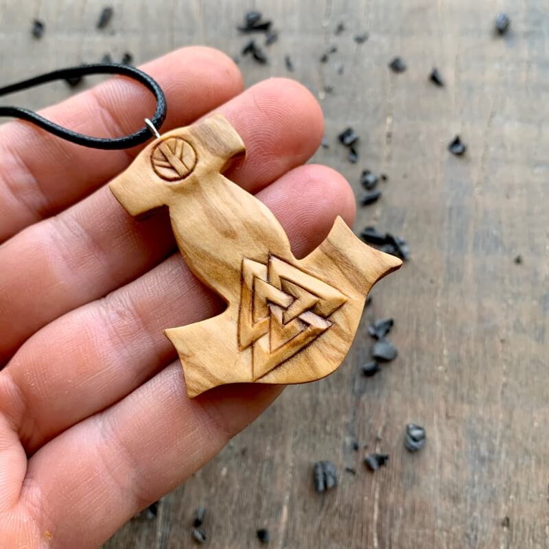 Unique Walnut Wood Odin's Horns and Runes Pendant