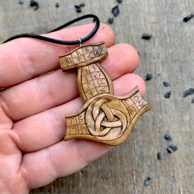 Unique Walnut Wood Odin's Horns and Runes Pendant