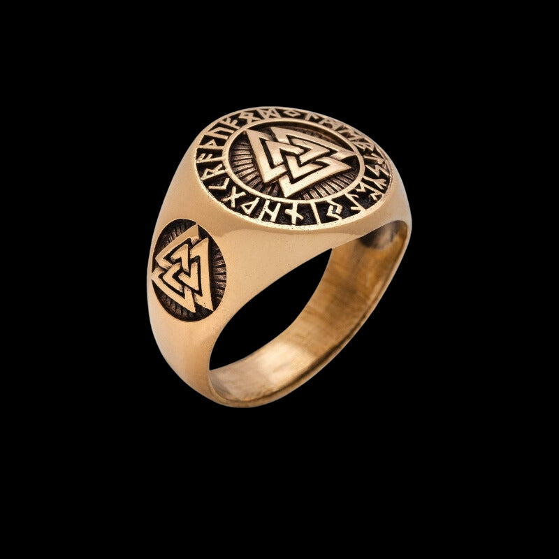 Valknut Signet Runic Polished Bronze Ring Viking Jewellery