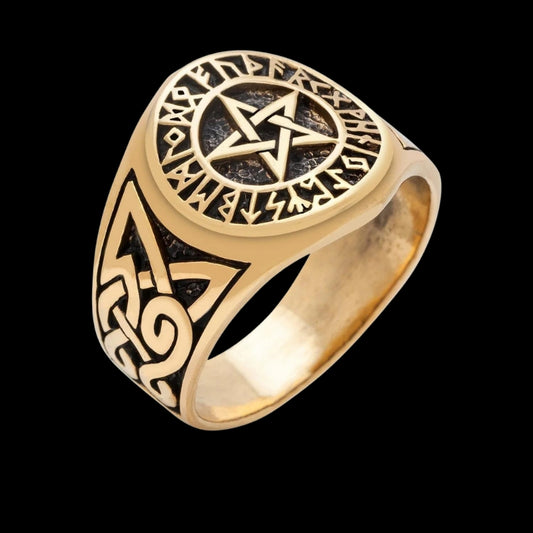 Pentagram Bronze Ring with Knotwork and Viking Runes