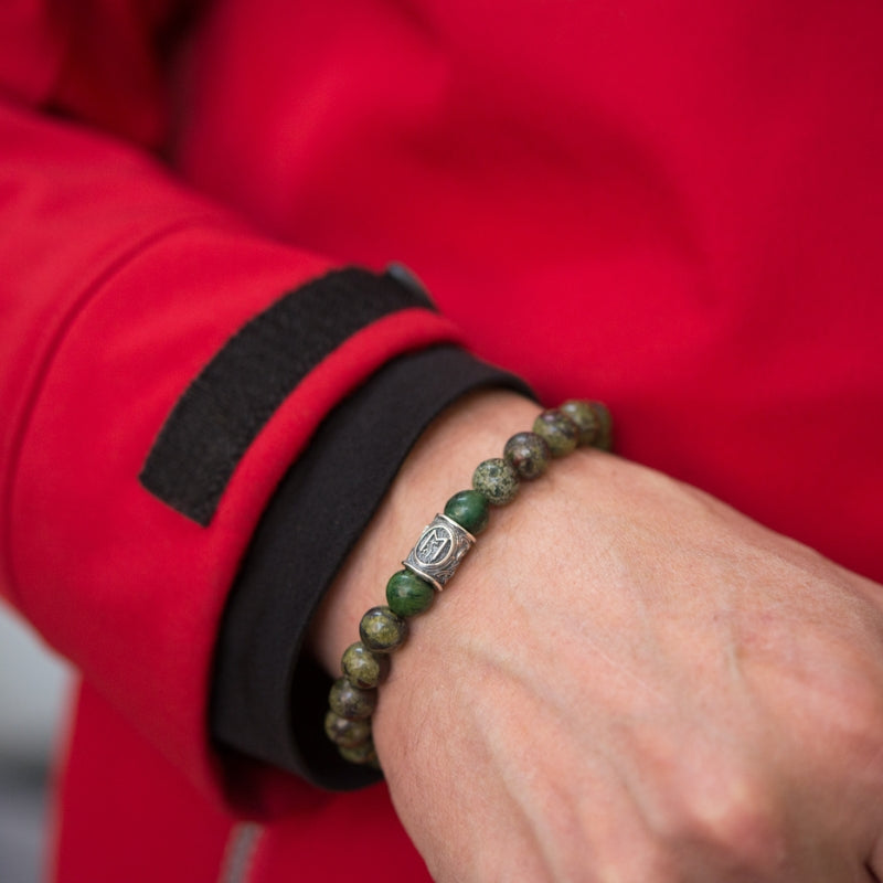 Viking Bracelet Gn Green Jasper And Nephrite With Rune Bead