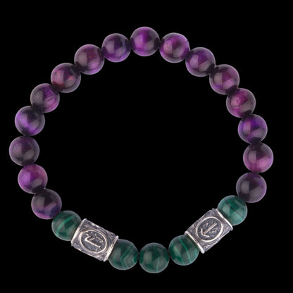 Viking Bracelet In Malachite And Purple Cat’s Eye with Double Rune Beads