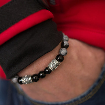 Viking Bracelet In Black Agate And Grey Obsidian With Double Rune Beads