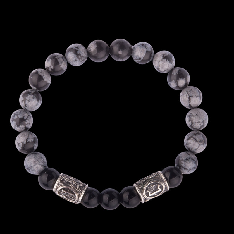 Viking Bracelet In Black Agate And Grey Obsidian With Double Rune Beads