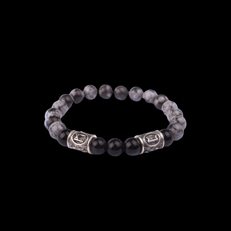 Viking Bracelet In Black Agate And Grey Obsidian With Double Rune Beads