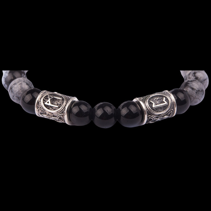 Viking Bracelet In Black Agate And Grey Obsidian With Double Rune Beads