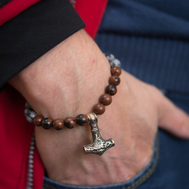 Viking Bracelet In  Obsidian With Bronze Mjolnir