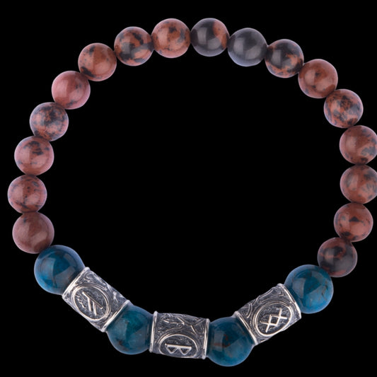 "Viking Bracelet with Apatite and Red Obsidian, Featuring Protective Runes"

