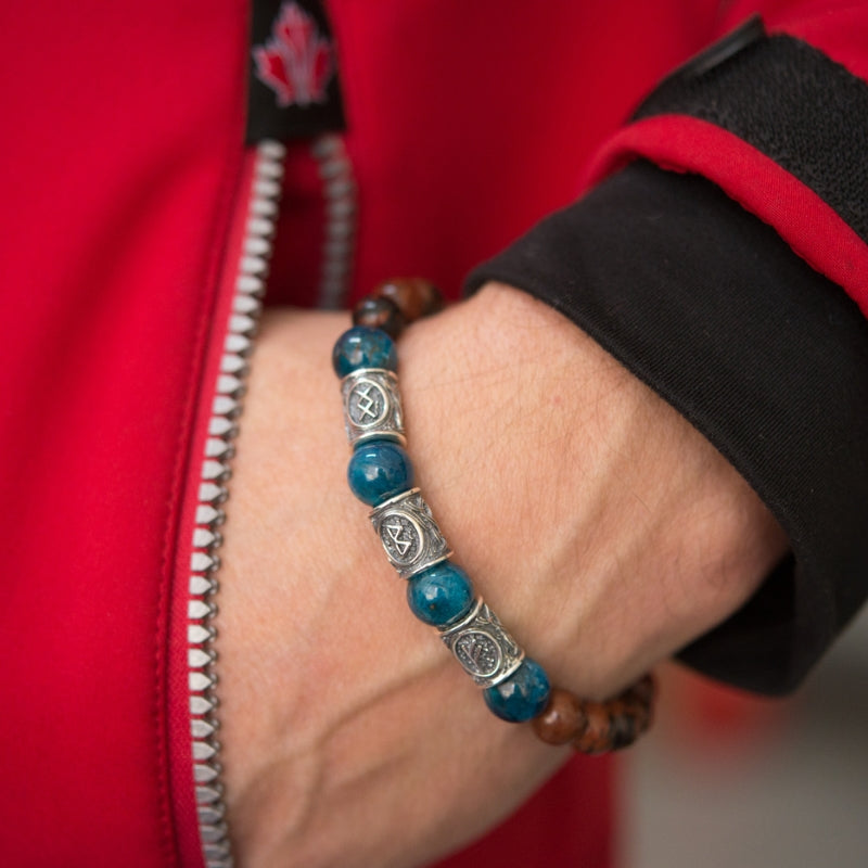 "Viking Bracelet with Apatite and Red Obsidian, Featuring Protective Runes"

