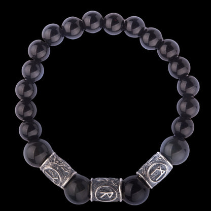 "Viking Bracelet with Black Obsidian and Agate, Engraved with Ancient Runes"

