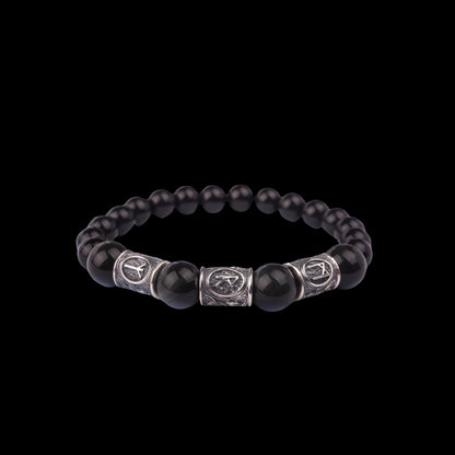 "Viking Bracelet with Black Obsidian and Agate, Engraved with Ancient Runes"

