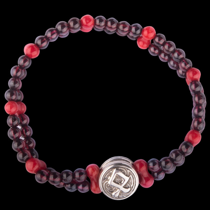 Viking Bracelet with Coral and Garnet, Featuring Rune of Strength