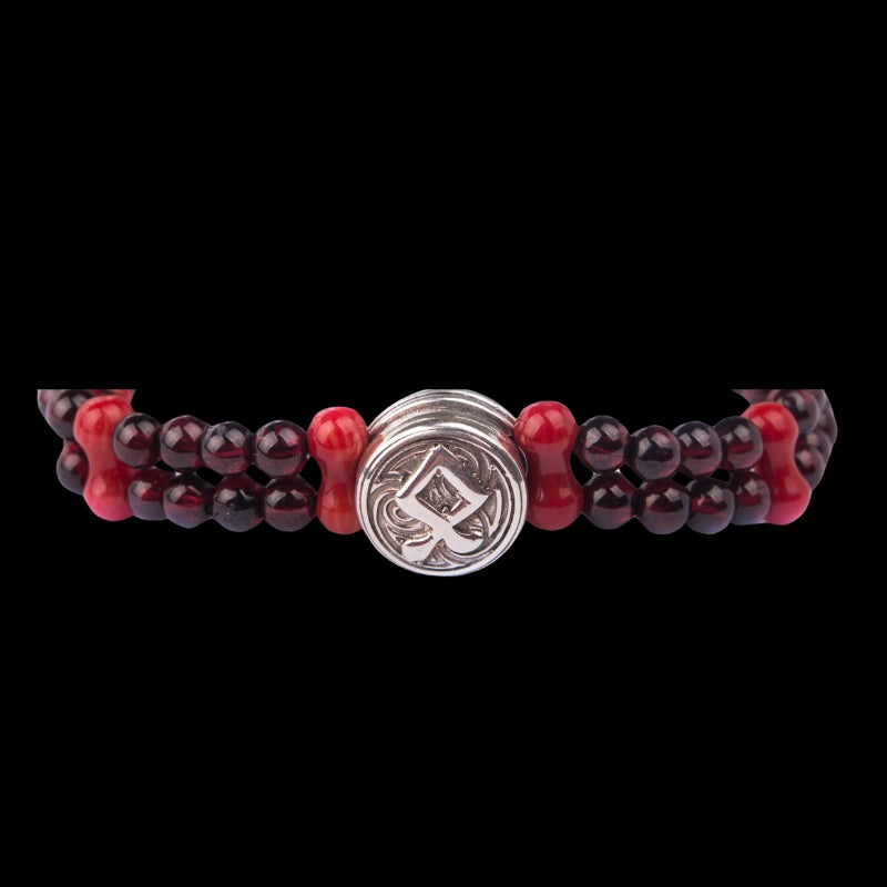 Viking Bracelet with Coral and Garnet, Featuring Rune of Strength