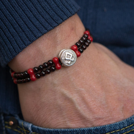 Viking Bracelet with Coral and Garnet, Featuring Rune of Strength