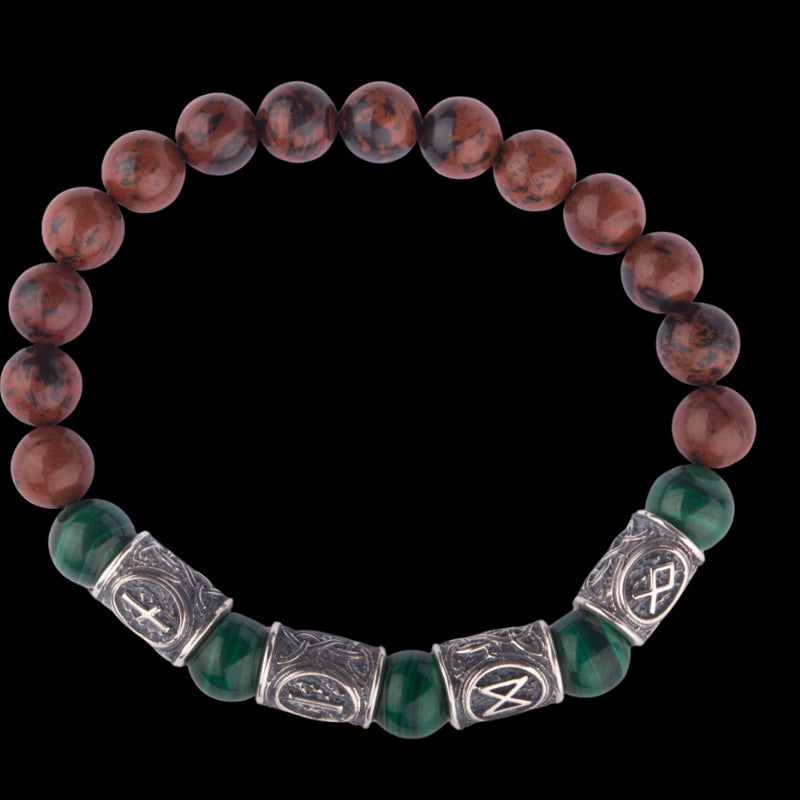 Viking Bracelet with Malachite and Red Obsidian, Engraved Runes of Odin