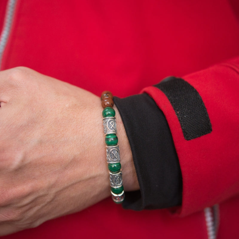 Viking Bracelet with Malachite and Red Obsidian, Engraved Runes of Odin