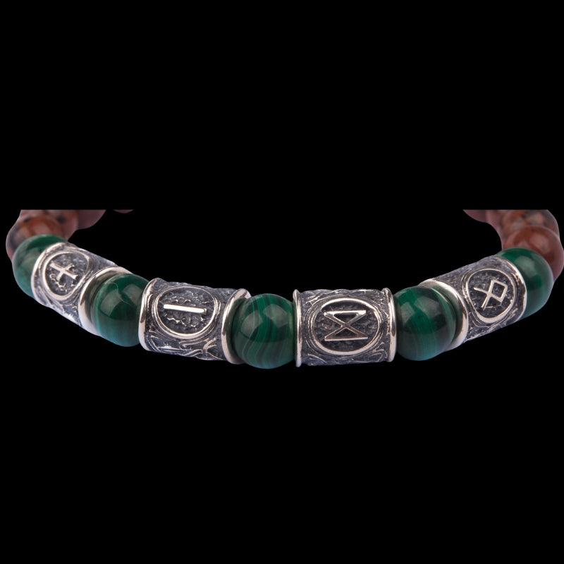 Viking Bracelet with Malachite and Red Obsidian, Engraved Runes of Odin