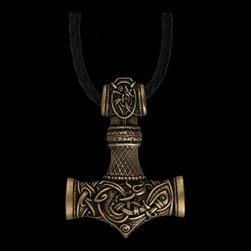 vkngjewelry Pendant Handcrafted Bronze Amulet Thor Hammer Braided Leather [Large]