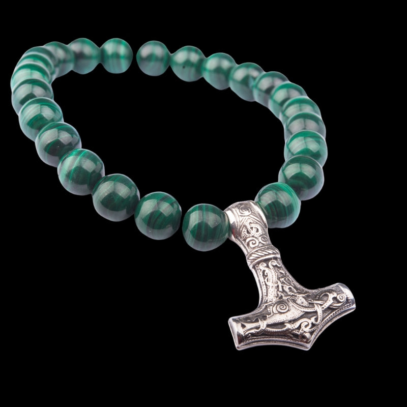 vkngjewelry Bracelet Handcrafted Viking Bracelet In Malachite With Mjolnir