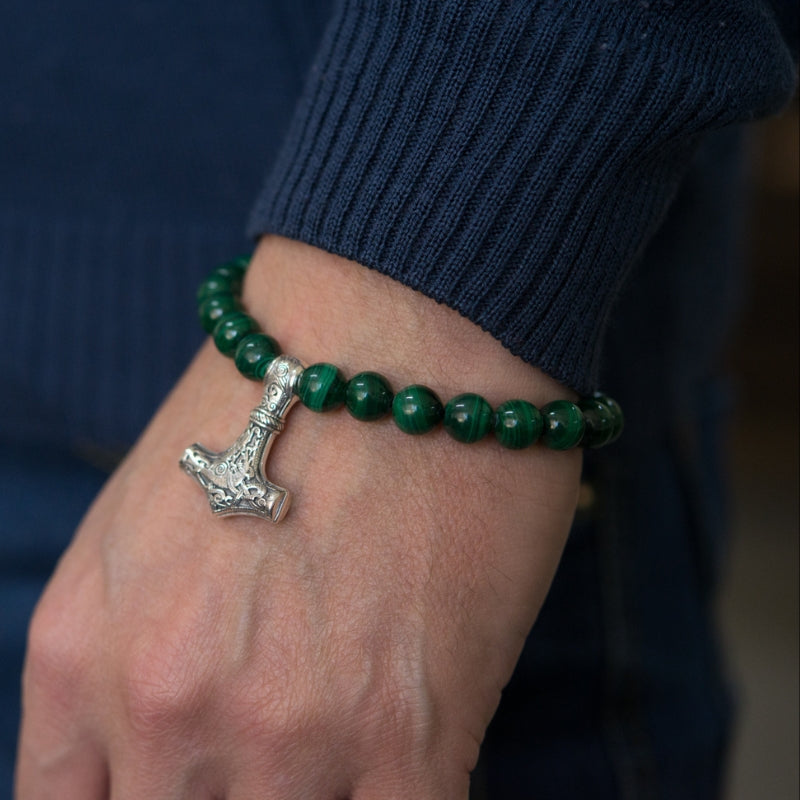 vkngjewelry Bracelet Handcrafted Viking Bracelet In Malachite With Mjolnir