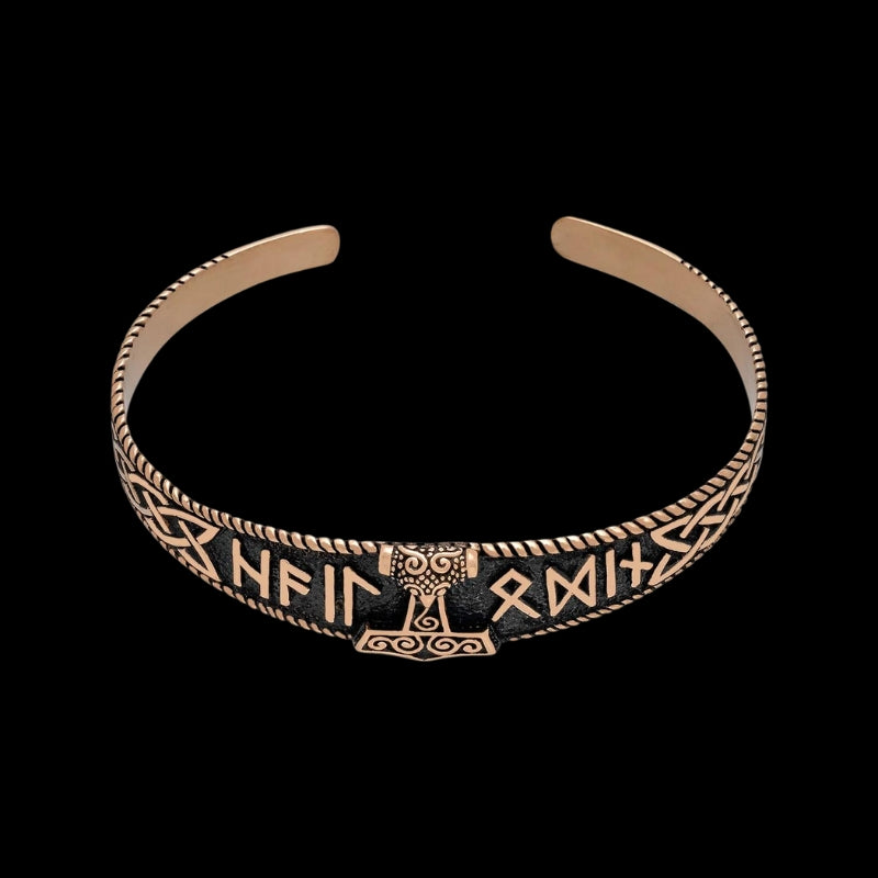 vkngjewelry Bracelet Mjolnir with Hail Odin Runes Bronze Bangle