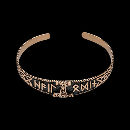 vkngjewelry Bracelet Mjolnir with Hail Odin Runes Bronze Bangle