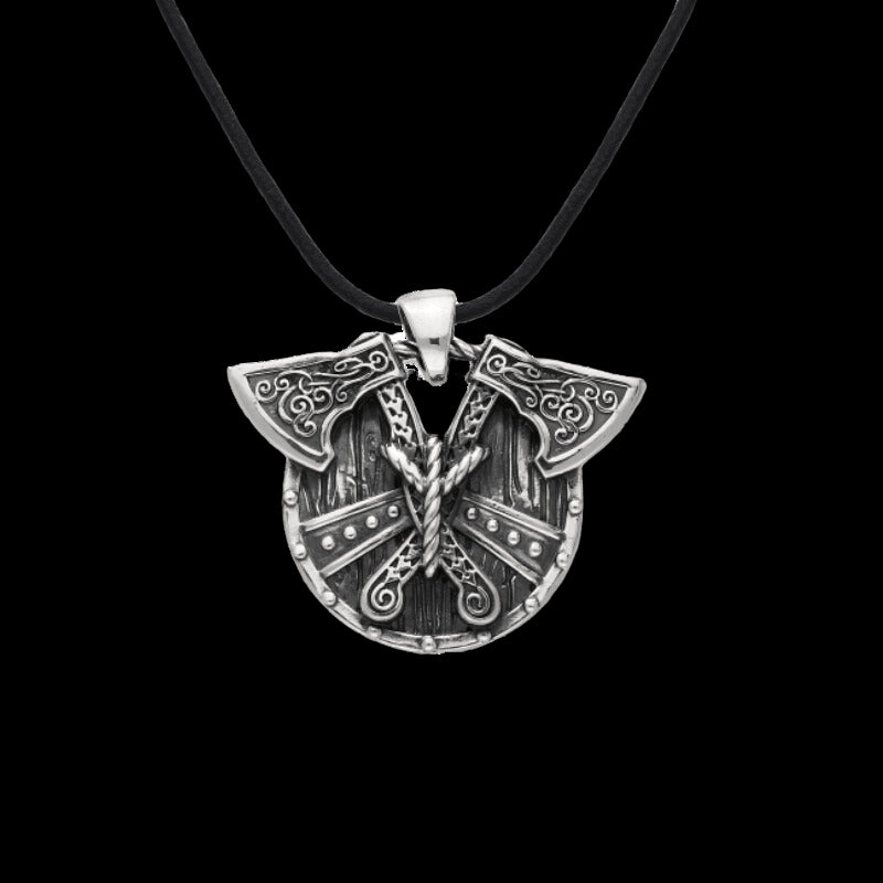 vkngjewelry Pendant Handcrafted Norse Shield Double Axes Alghiz Rune Sterling Silver Pendant