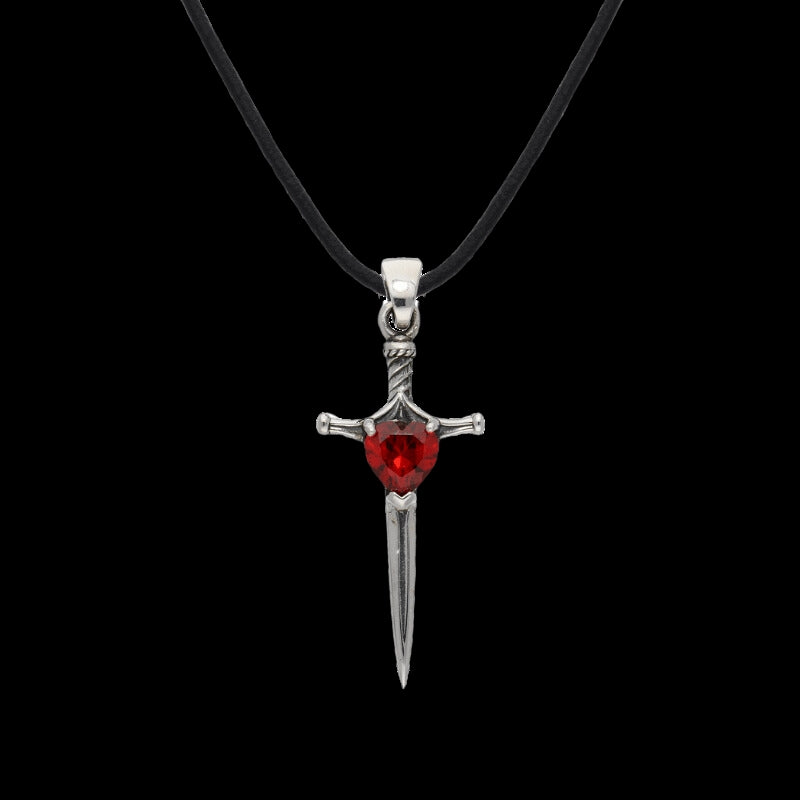 vkngjewelry Pendant Handcrafted Stiletto Sword Red Cubic Zirconia Silver Sterling Pendant