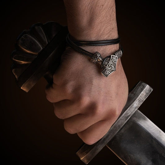 Thor's Hammer Leather Bracelet - Norse Viking Bracelet