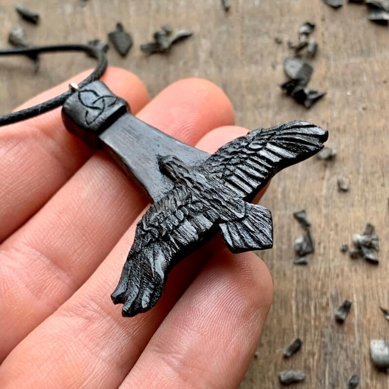 vkngjewelry Pendant Unique Bog Oak Wood Mjolnir Raven Triquetra Pendant