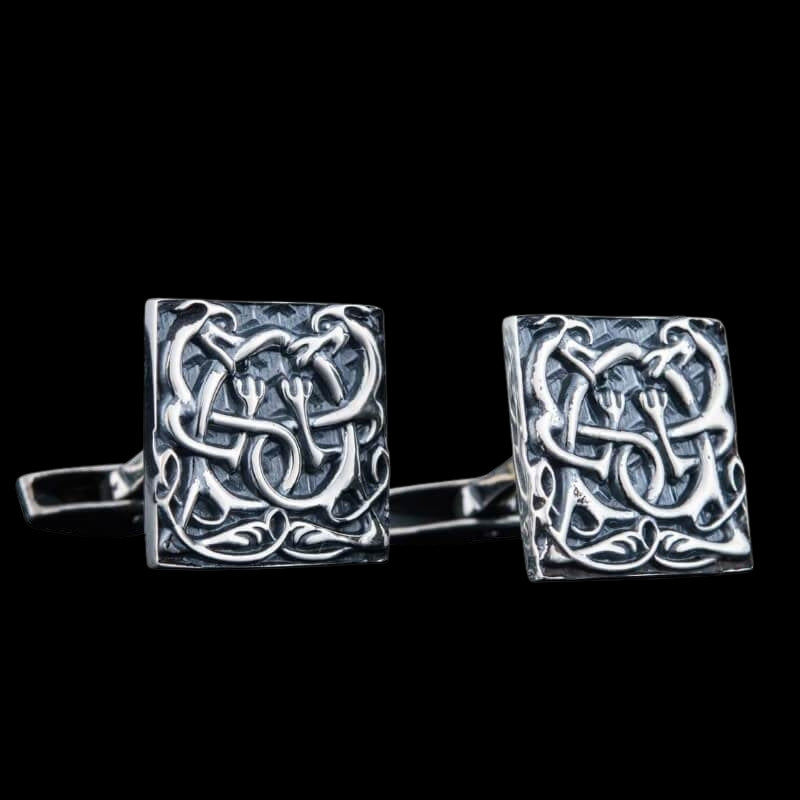 vkngjewelry Bontons de Manchettes Handcrafted Unique Norse Ornament Square v3 Sterling Silver Cufflinks