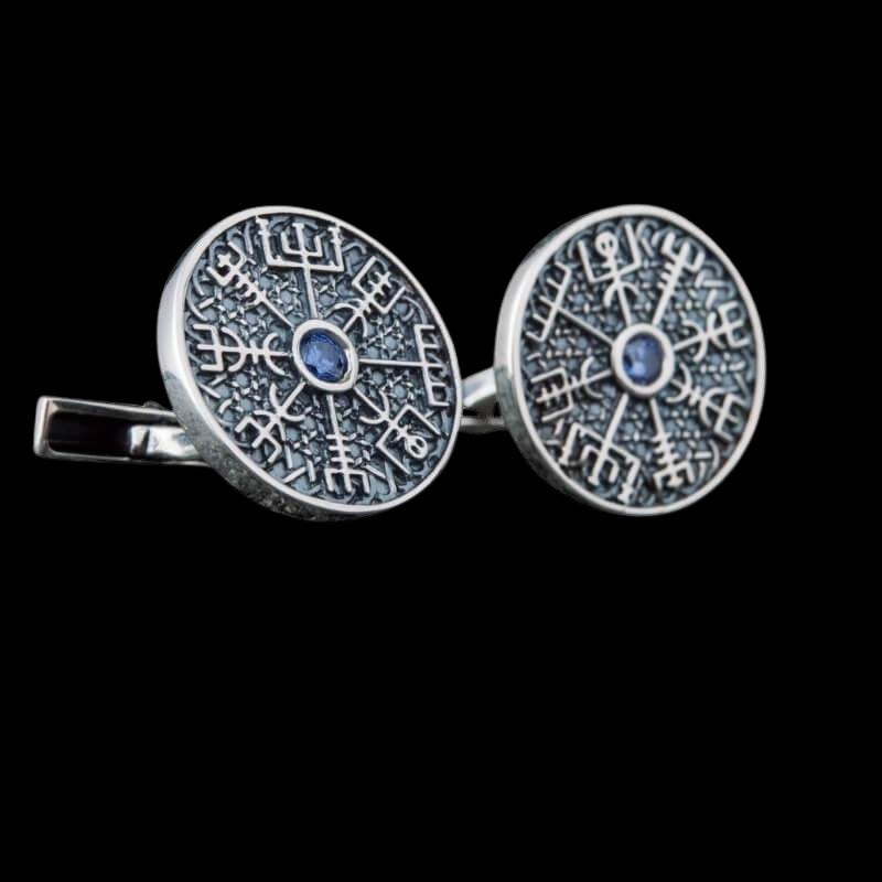 vkngjewelry Bontons de Manchettes Handcrafted Unique Vegvisir Symbol Sterling Silver Cufflinks