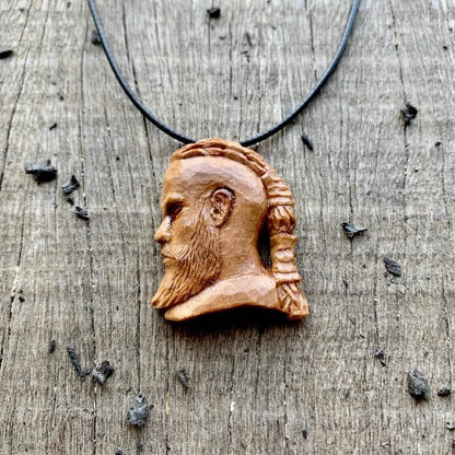 vkngjewelry Pendant Unique Walnut Wood Hand Carved Vikings Ragnar Profile Face Pendant