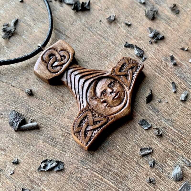 vkngjewelry Pendant Unique Walnut Wood Mjolnir With Sun And Moon Pendant