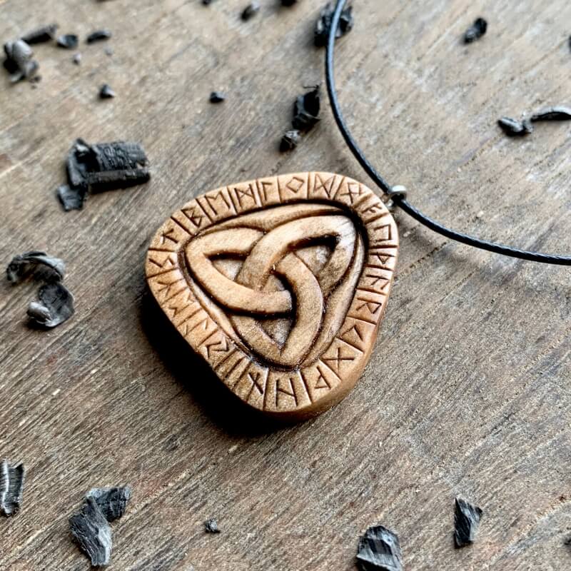 Unique Walnut Wood Runes Triquetra Pendant, Handmade
