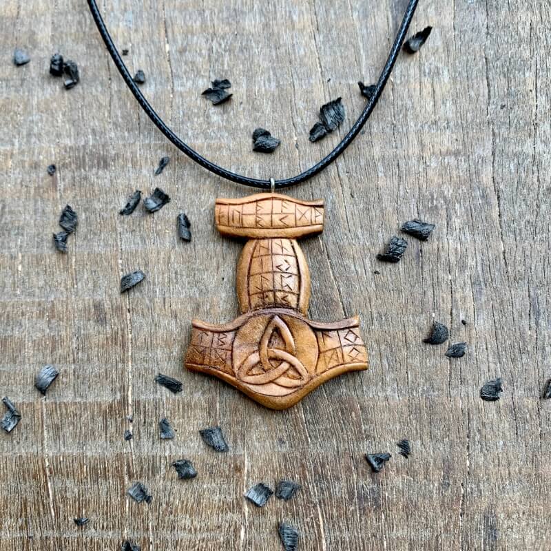 Unique Walnut Wood Runes Triquetra Pendant, Handmade