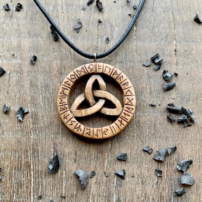 Unique Walnut Wood Runes Triquetra Pendant, Handmade