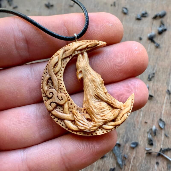 Unique Wood Celtic Wolf On The Moon With Triquetra Pendant Style2