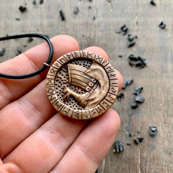 Unique Walnut Wood Odin's Horns and Runes Pendant