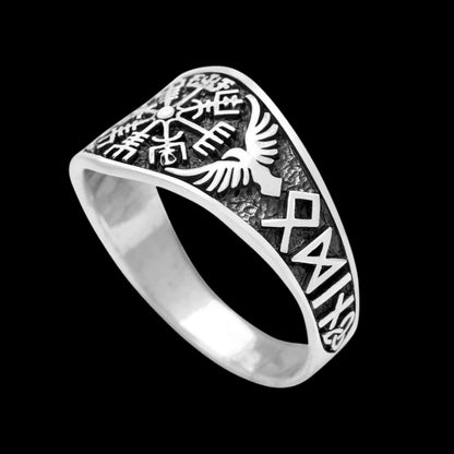 vkngjewelry Bagues Vegvisir With Raven And Runes Ring 925 Sterling Silver