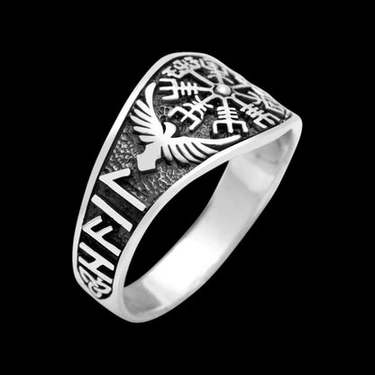 vkngjewelry Bagues Vegvisir With Raven And Runes Ring 925 Sterling Silver