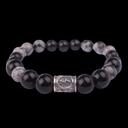 vkngjewelry Bracelet Viking Bracelet In Black Agate and Grey Obsidian With Rune Bead