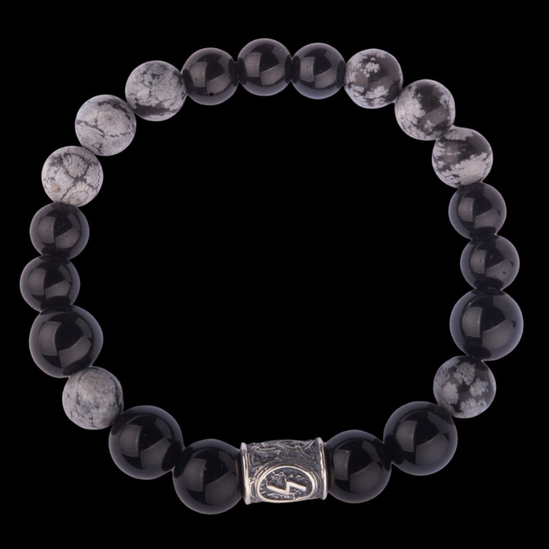 vkngjewelry Bracelet Viking Bracelet In Black Agate and Grey Obsidian With Rune Bead