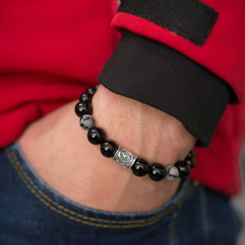 vkngjewelry Bracelet Viking Bracelet In Black Agate and Grey Obsidian With Rune Bead