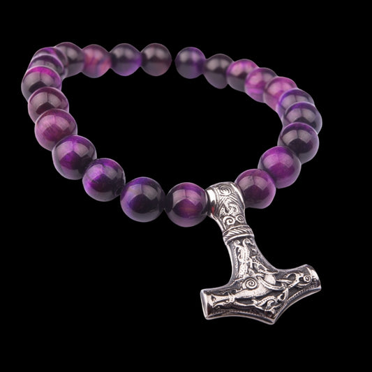 vkngjewelry Bracelet Handcrafted Viking Bracelet In Purple Cat’s Eye With Mjolnir