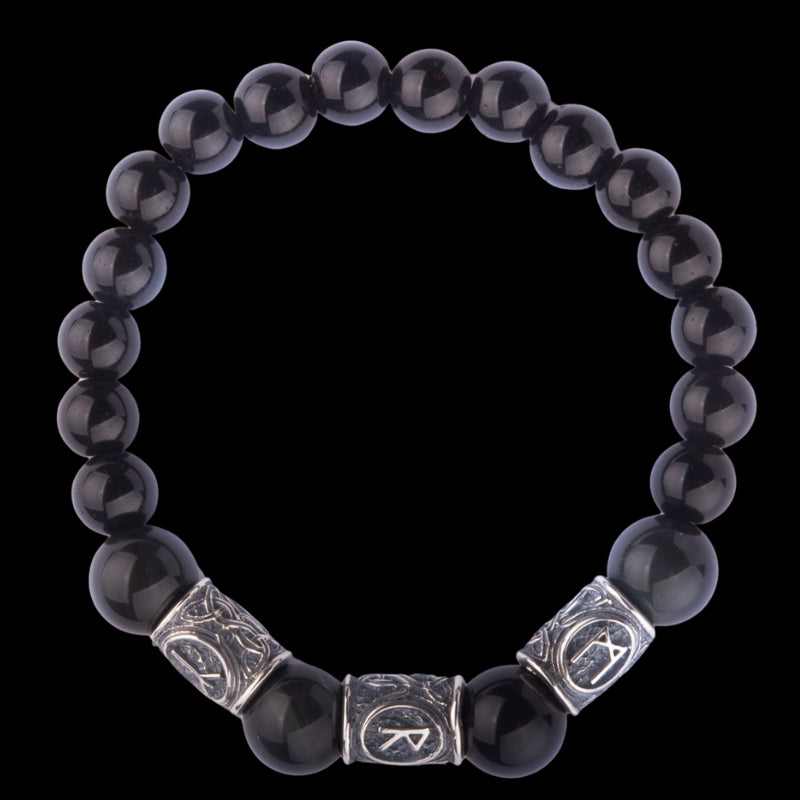 vkngjewelry Bracelet Viking Bracelet with Black Obsidian and Agate, Engraved with Ancient Runes