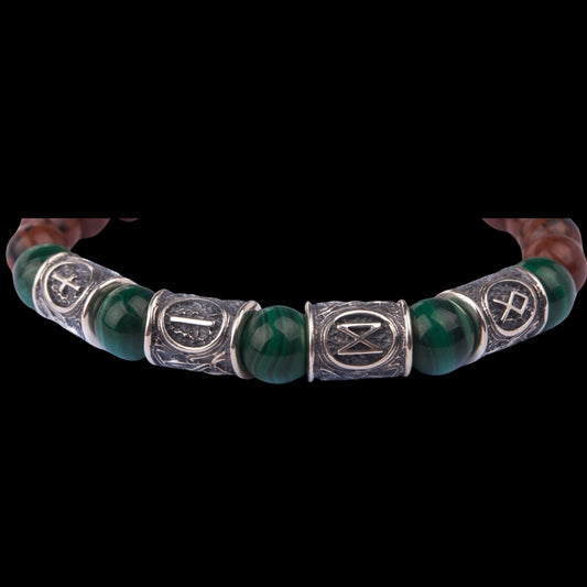 vkngjewelry Bracelet Viking Bracelet with Malachite and Red Obsidian, Engraved Runes of Odin