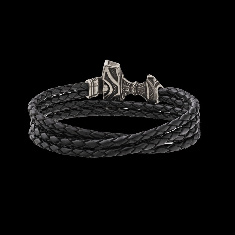 vkngjewelry Bracelet Handcrafted Viking Leather Bracelet with Thor's Hammer